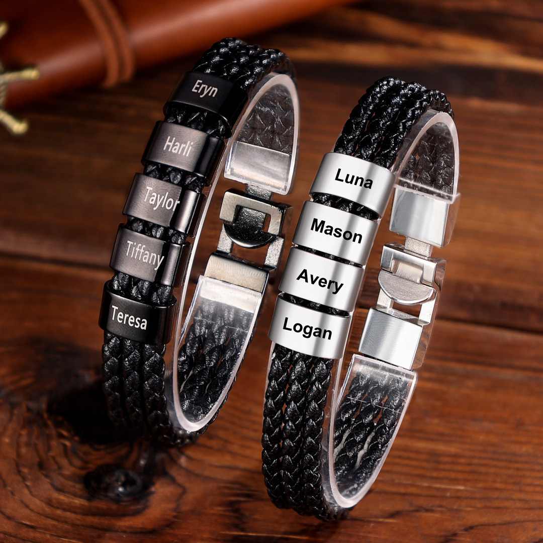 Personalized Braided Leather Bracelet Engraved 5 Names Men's Bracelet Gifts For Him