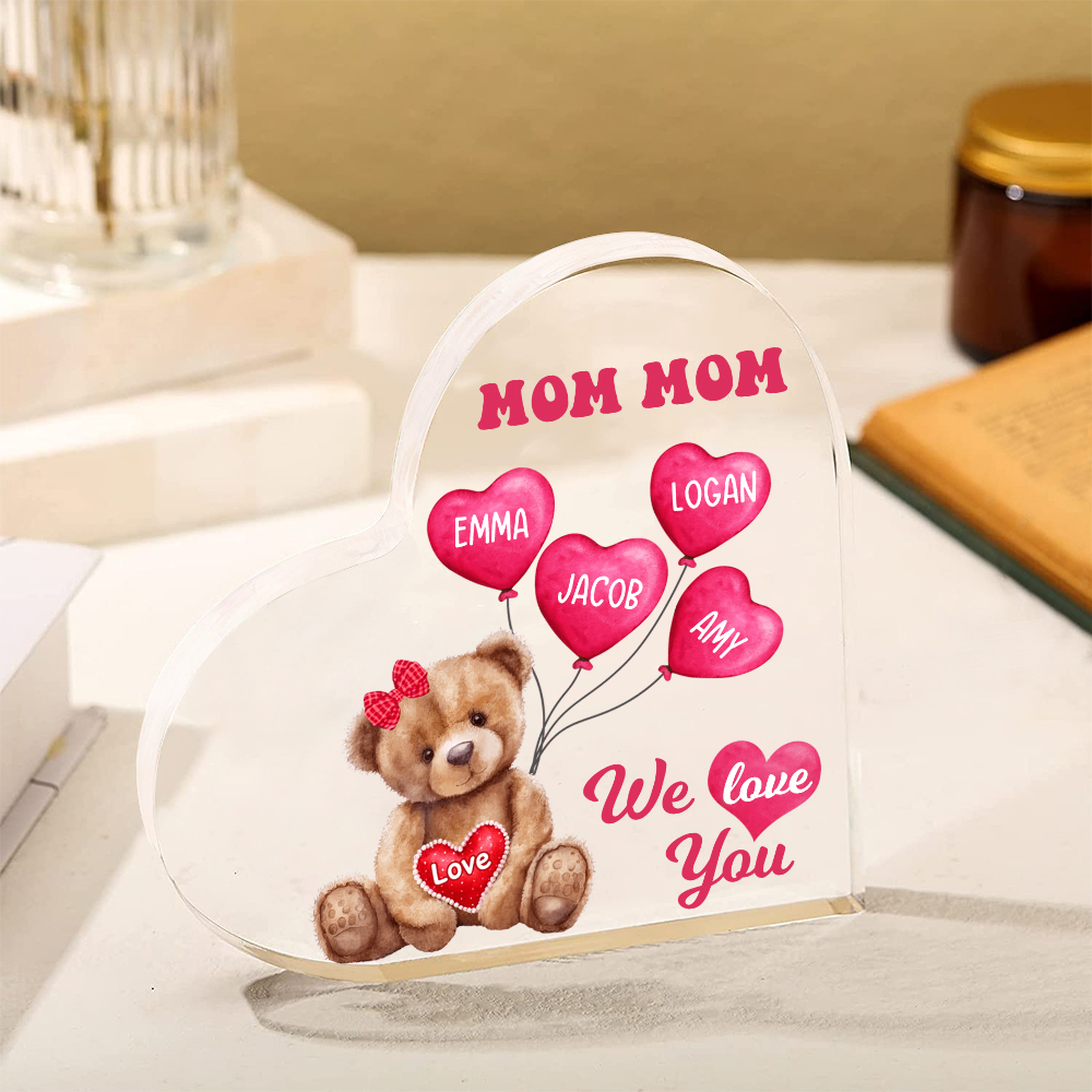 4 Names-Personalized Bear Acrylic Heart Keepsake Custom Text Acrylic Plaque Ornaments Gifts for Mom