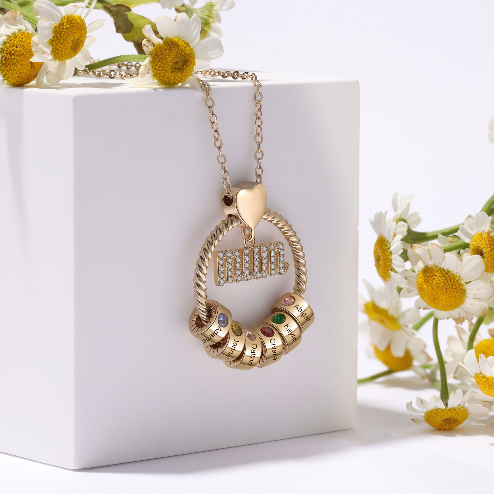 Personalized Circle Necklace With 6 Birthstones Pendant Engraved Names Gift For Mum