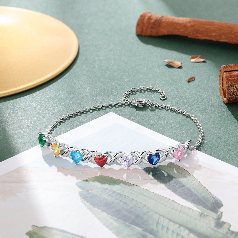 Personalized Heart Bracelet Customized With 7 Names and 7 Birthstones Family Bracelet Gift for Grandma | Jessmade