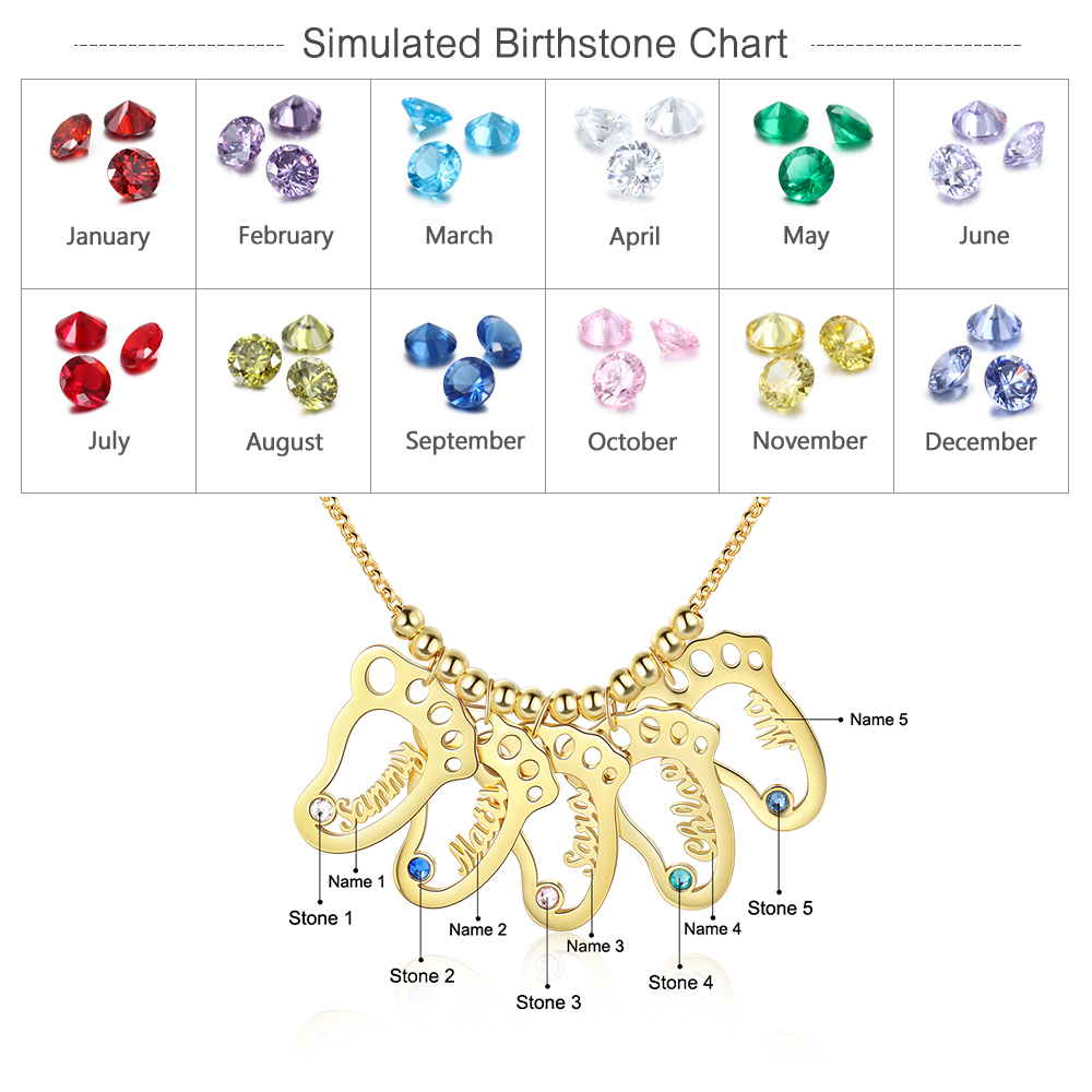 Personalized Baby Foot Engraved 5 Names Birthstones Necklace Gift For Mother
