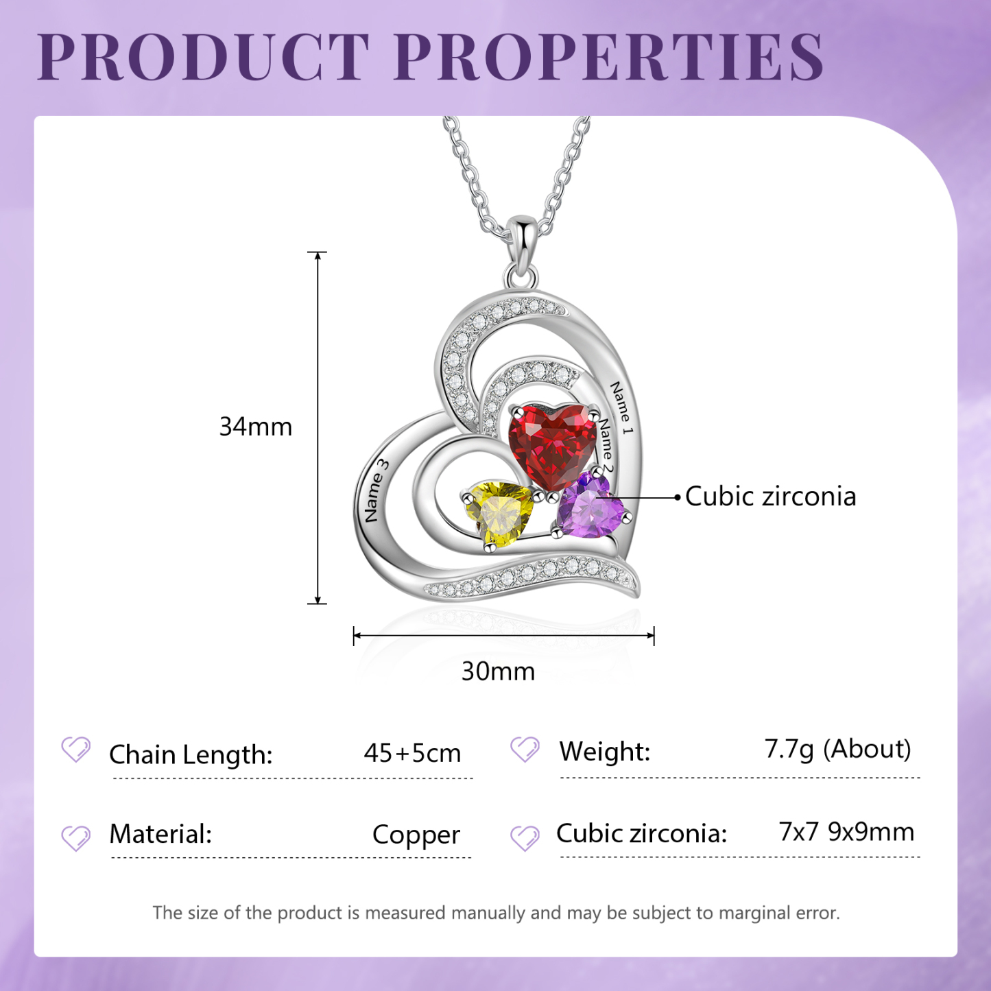 3 Names - Personalized Heart Necklace with Customized Names and Birthstone As Mother's Day Gift for Mom