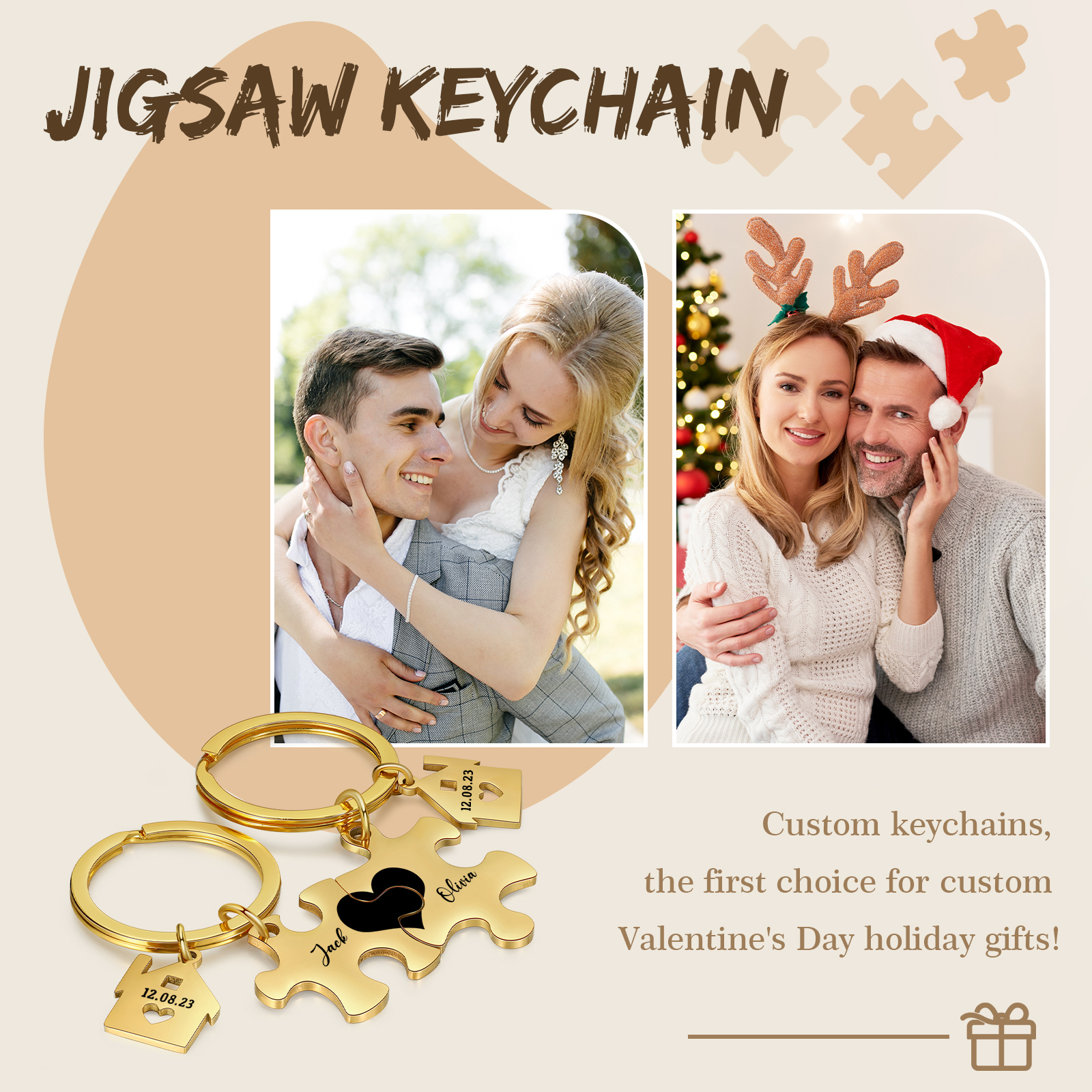 Personalized Name Puzzle Couple Keychain Engrave Date Matching Couple Gifts, Special Gift For Him/Her