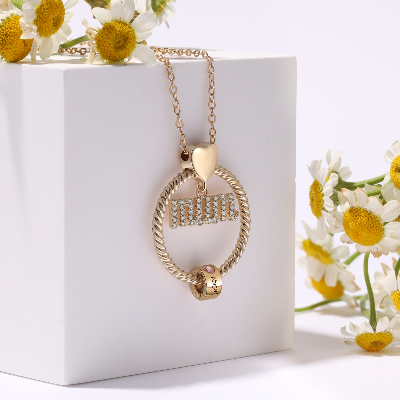 Personalized Circle Necklace With 1 Birthstone Pendant Engraved Names Gift For Mum