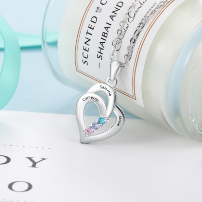 Personalized Heart S925 Necklace With 3 Birthstones Engraved Names Gift For Her