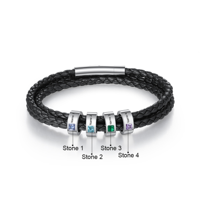 Personalized 3 Layer Leather Bracelet with 4 Beads Engraved Names Men's Bracelets for Him