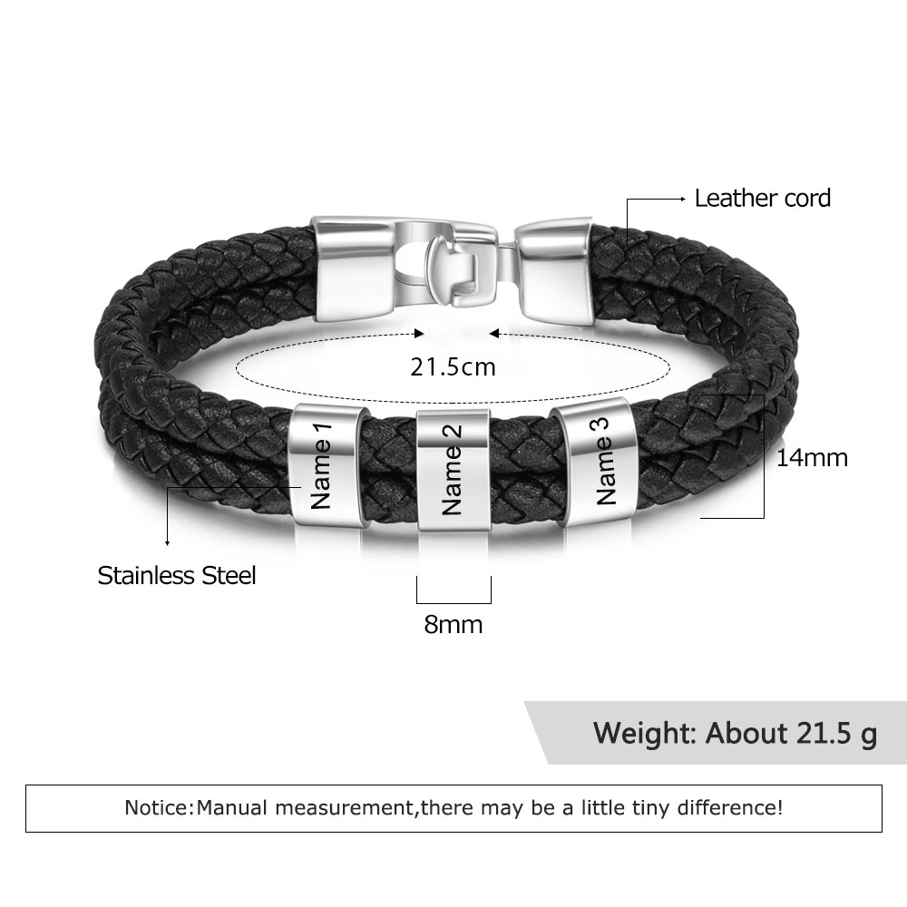3 Names Personalized Braided Leather Bracelet Engraving Men's Bracelet Gift for Dad