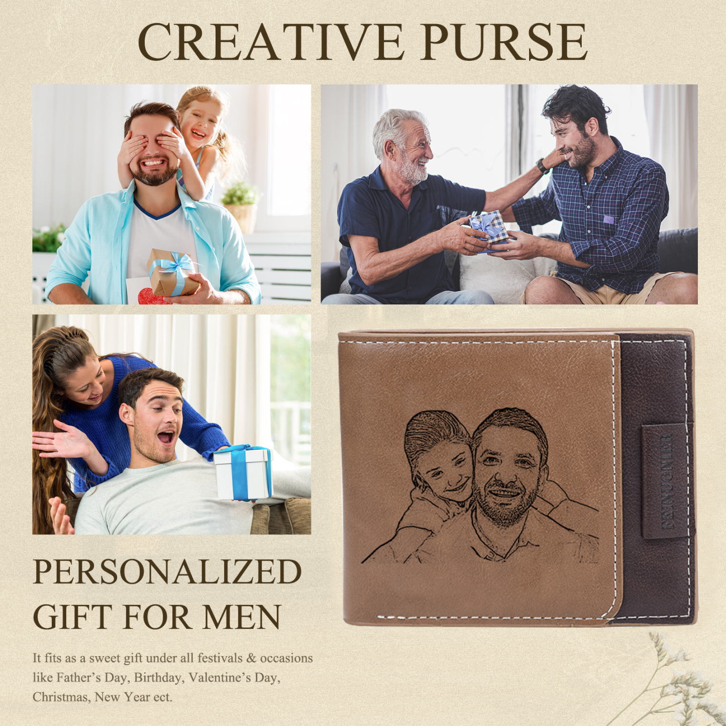 Personalized Leather Wallet Gift Box Set Keychain Strap Customizable 2 Photos and 2 Text Gift for Him