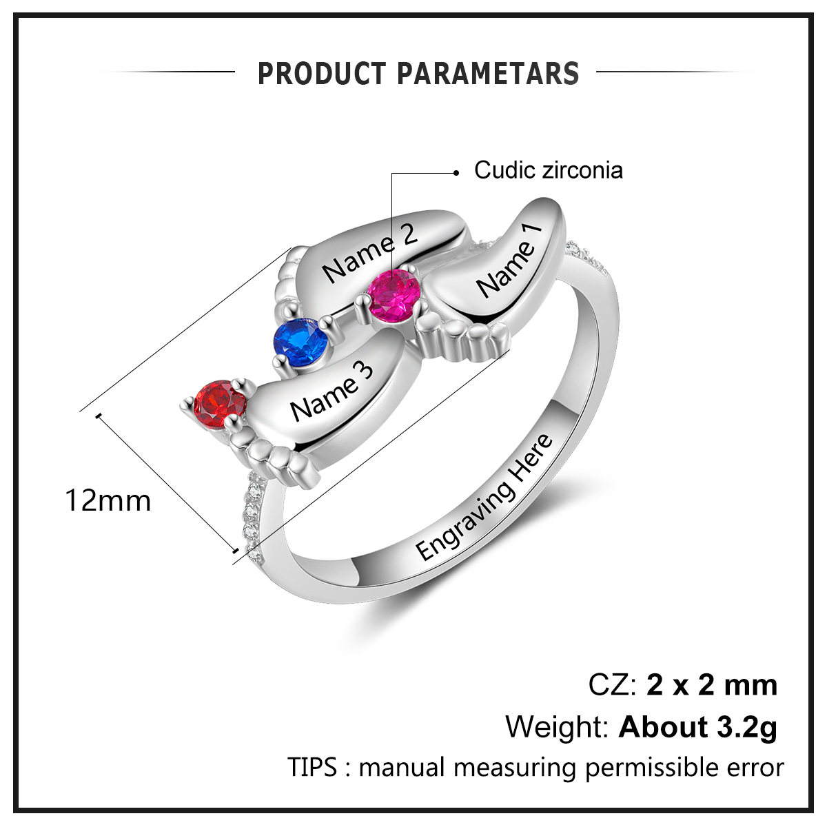 Personalized Baby Foot 925 Sliver Ring With 3 Birthstones Engraved Names Ring Gift For Women