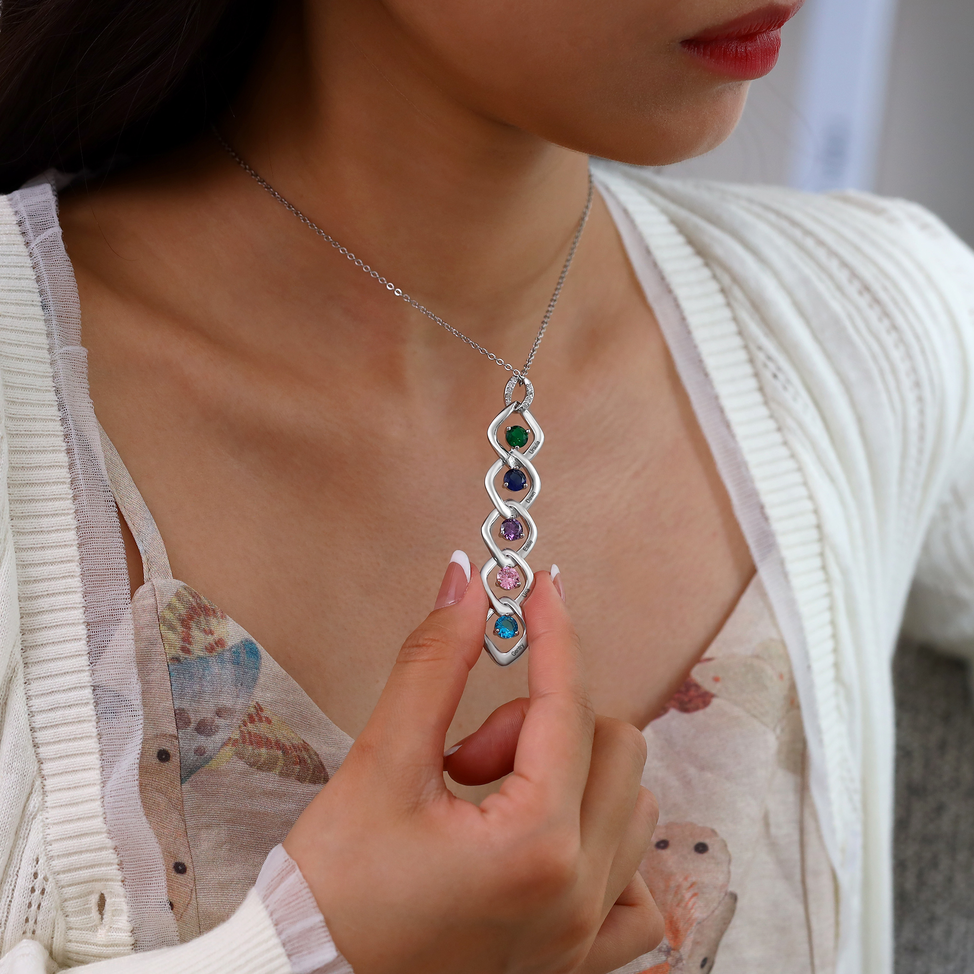 5 Names - Personalized Birthstone Necklace With Name Engraved For A Special Gift For Mom/Grandma