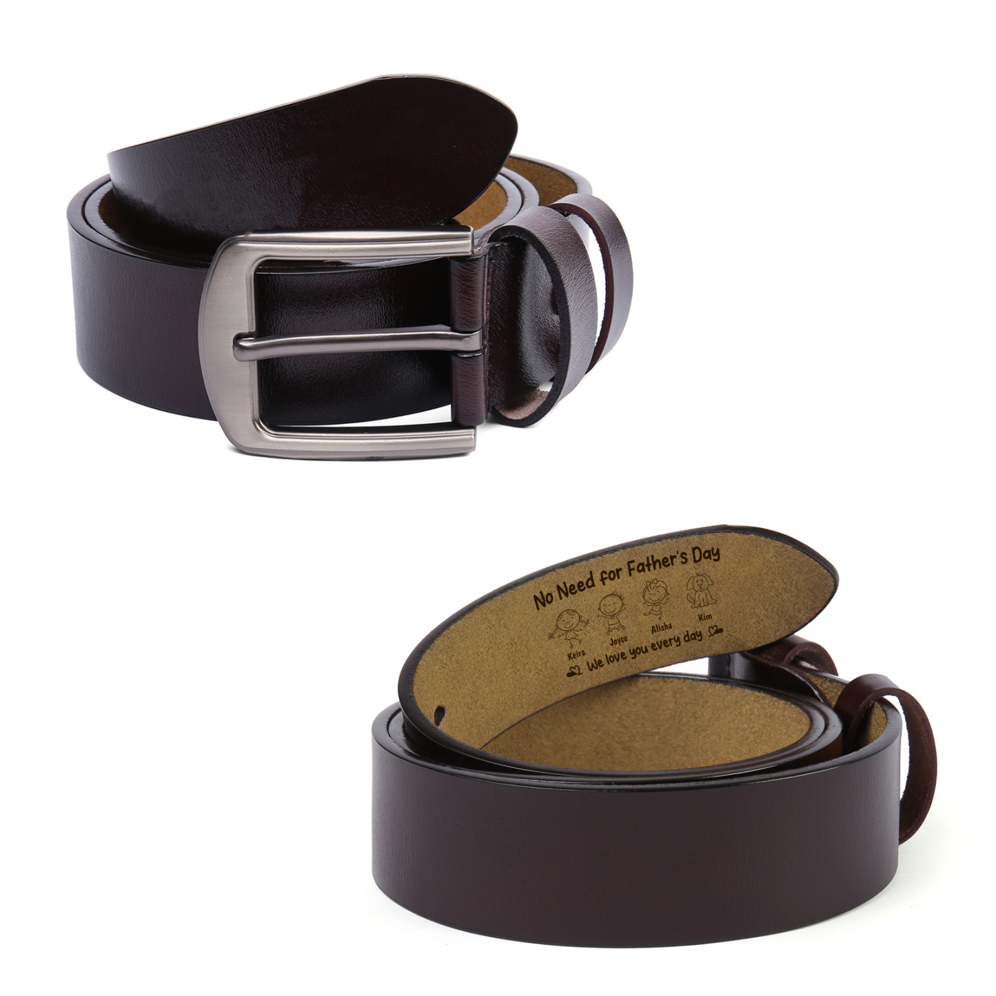 Personalized Leather Belt for Men Customized with 1-6 Names and Kids’ Drawing Gift for Dad Father’s Day
