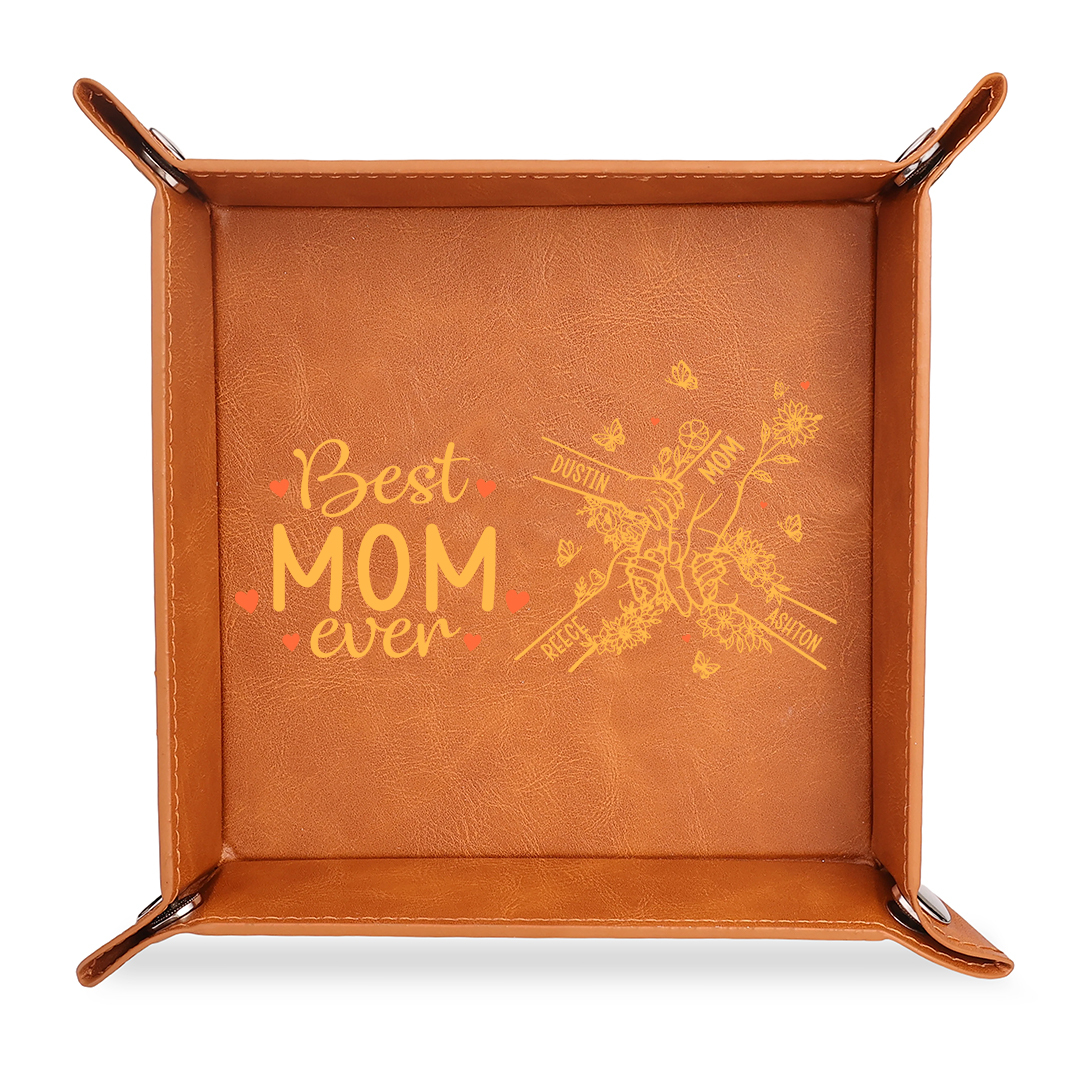 Personalized leather tray custom with 2–7 names, best mom ever, gift for mom