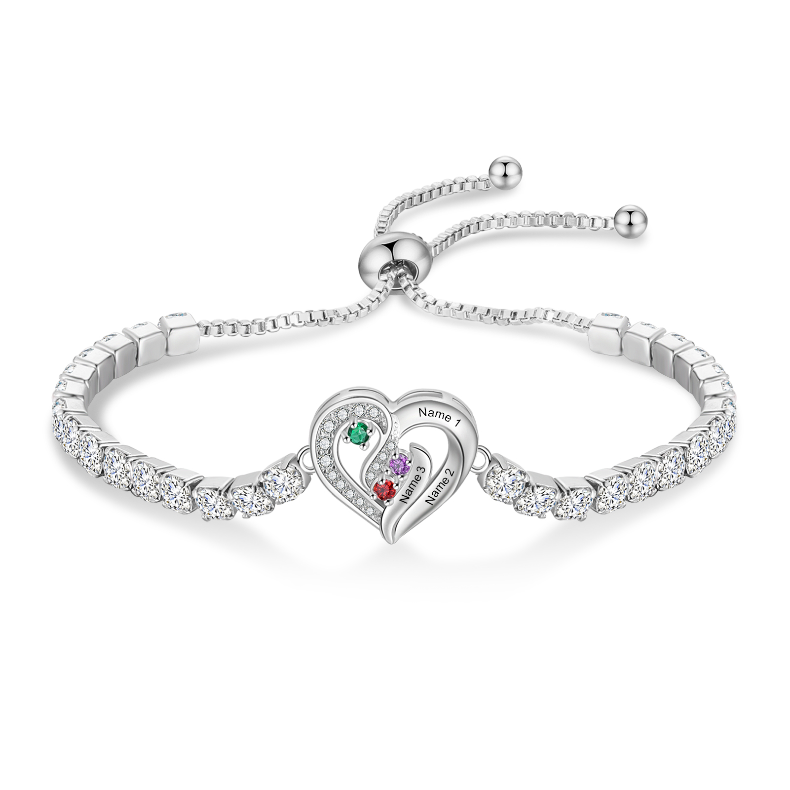 Personalized Diamond Heart Birthstone Tennis Bracelet with 2–5 Custom Names