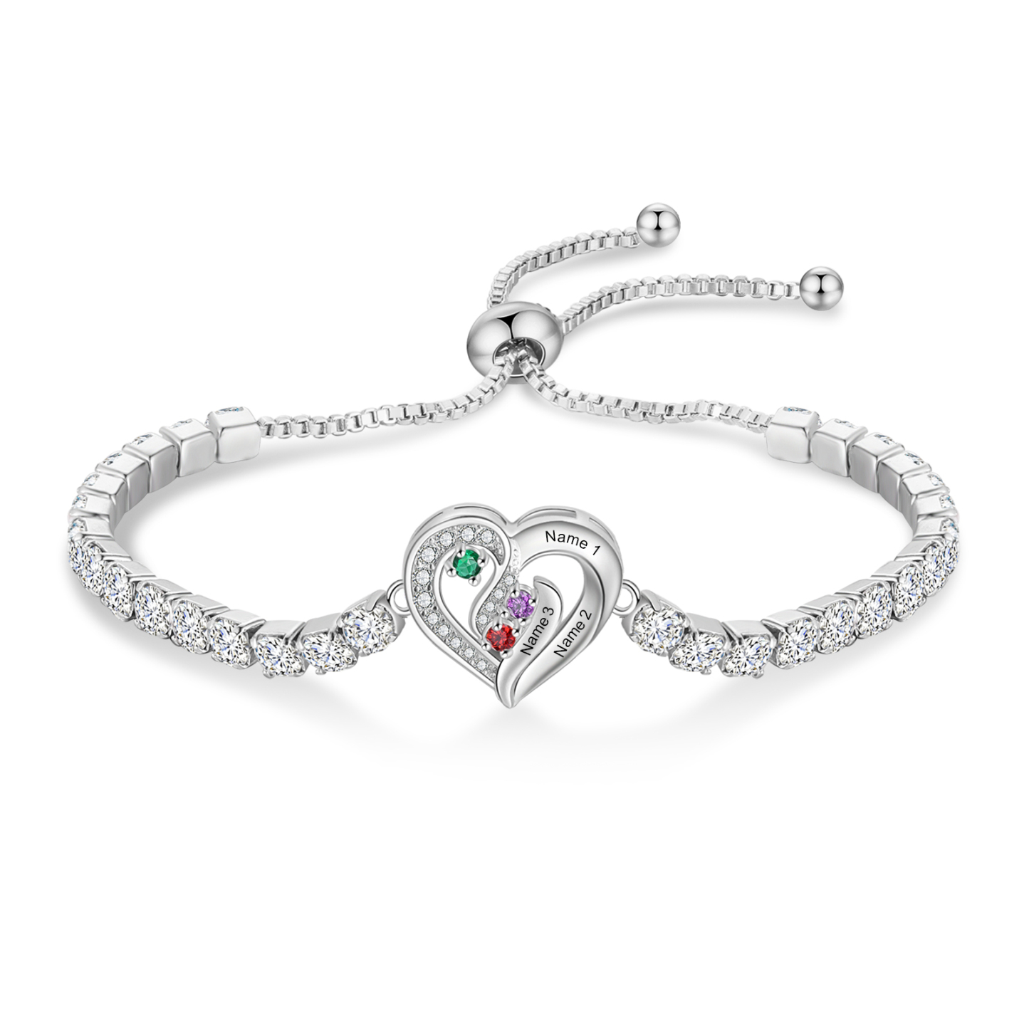 Personalized Diamond Heart Birthstone Tennis Bracelet with 2–5 Custom Names