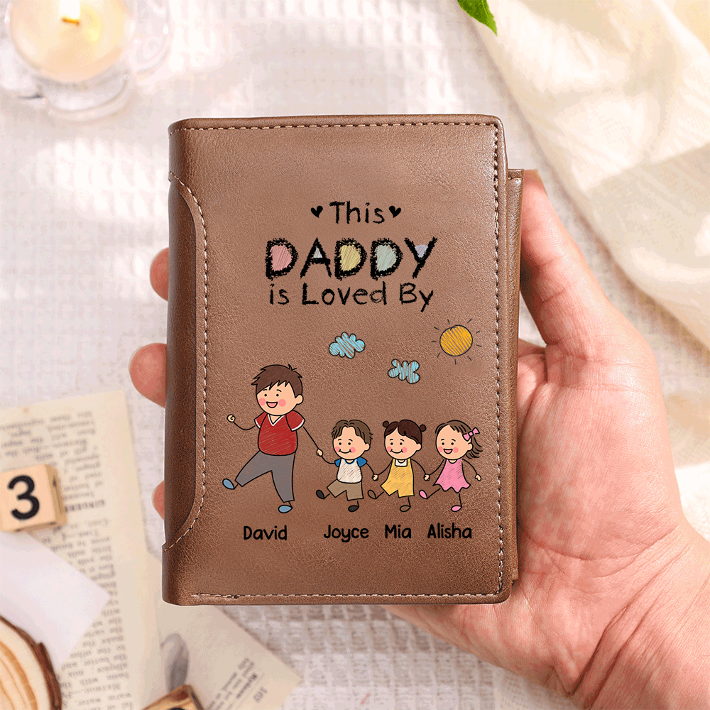 Personalized Leather Wallet For Dad Grandpa Custom With 1–8 Names And Child Figures