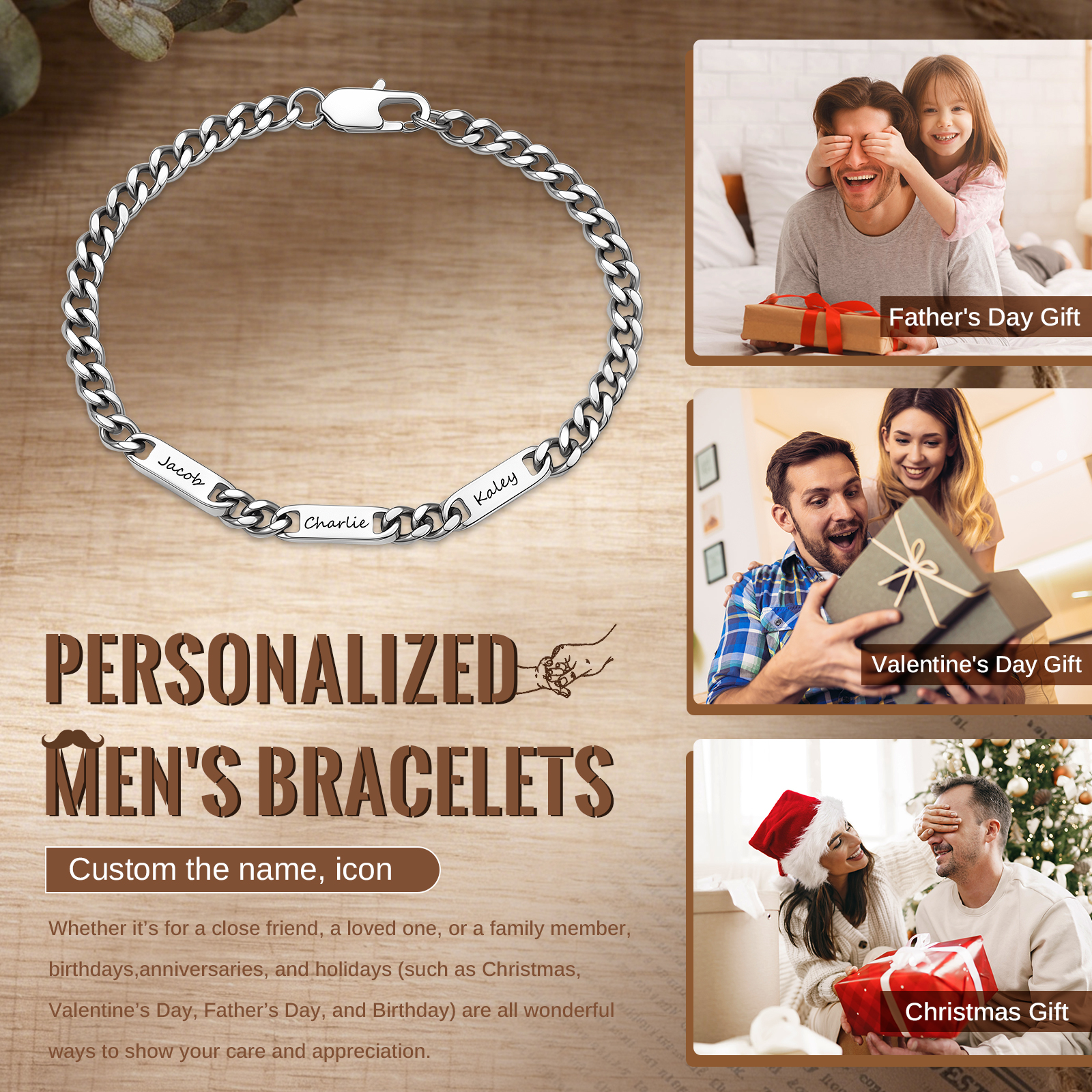 Personalized Cuban Link Bracelet For Men Customized with 2-6 Name Stainless Steel