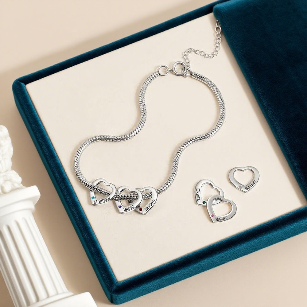 Personalized Anklet Bracelet for Women With Engraved 4 Names And Birthstones With Engraved Heart Shaped Charm  - Mother's Day Gift for Mom