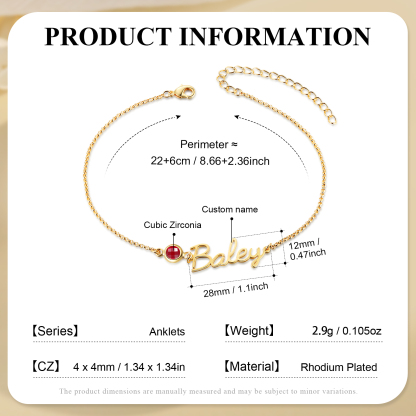 Personalized Name Anklet with Birthstone – Unique Script Name & Birthstone, Personalized Gold Jewelry Gift