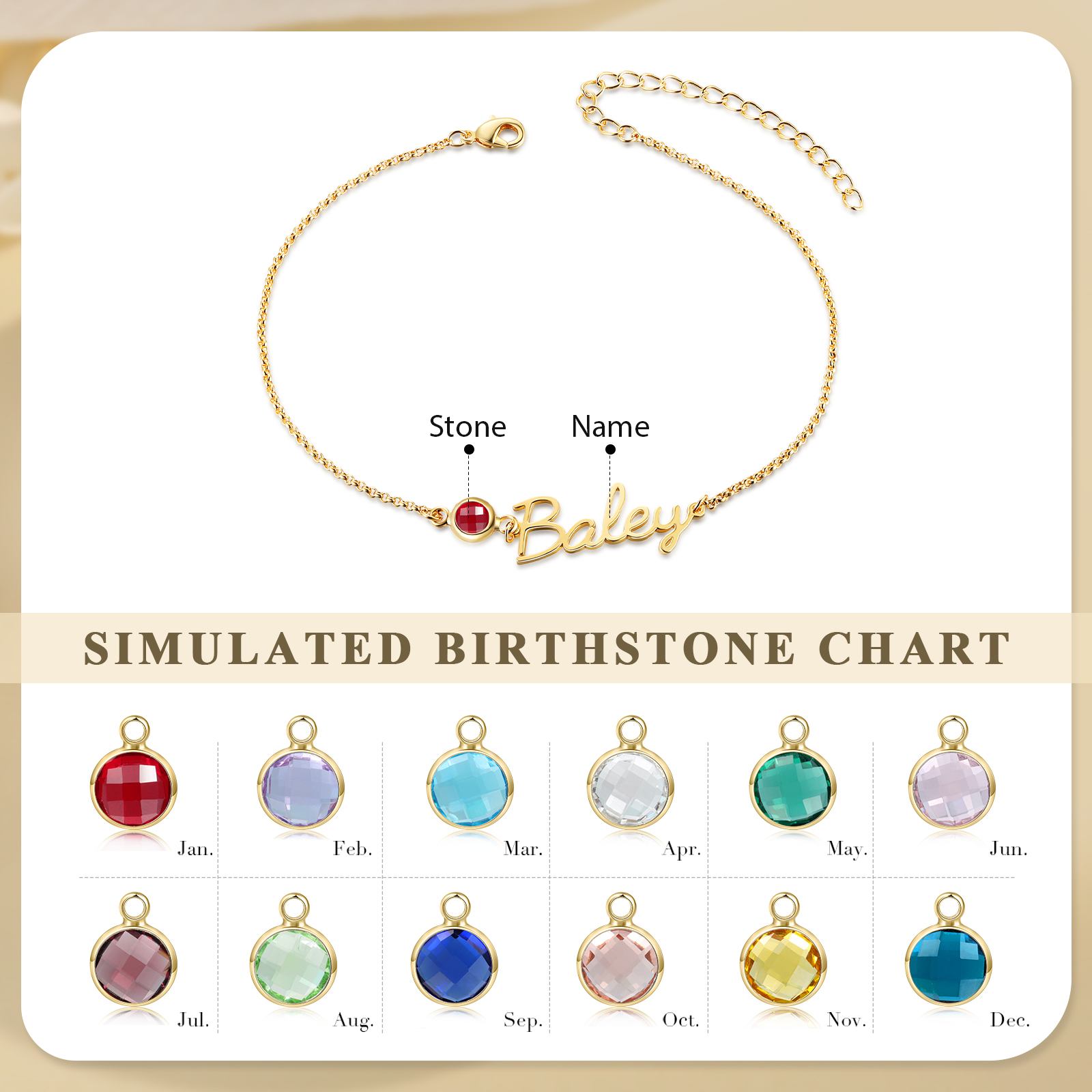 Personalized Name Anklet with Birthstone – Unique Script Name & Birthstone, Personalized Gold Jewelry Gift