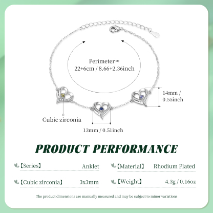3 names & Birthstones - Personalized Heart Anklet – Custom Birthstone & Name, Unique Gift for Her