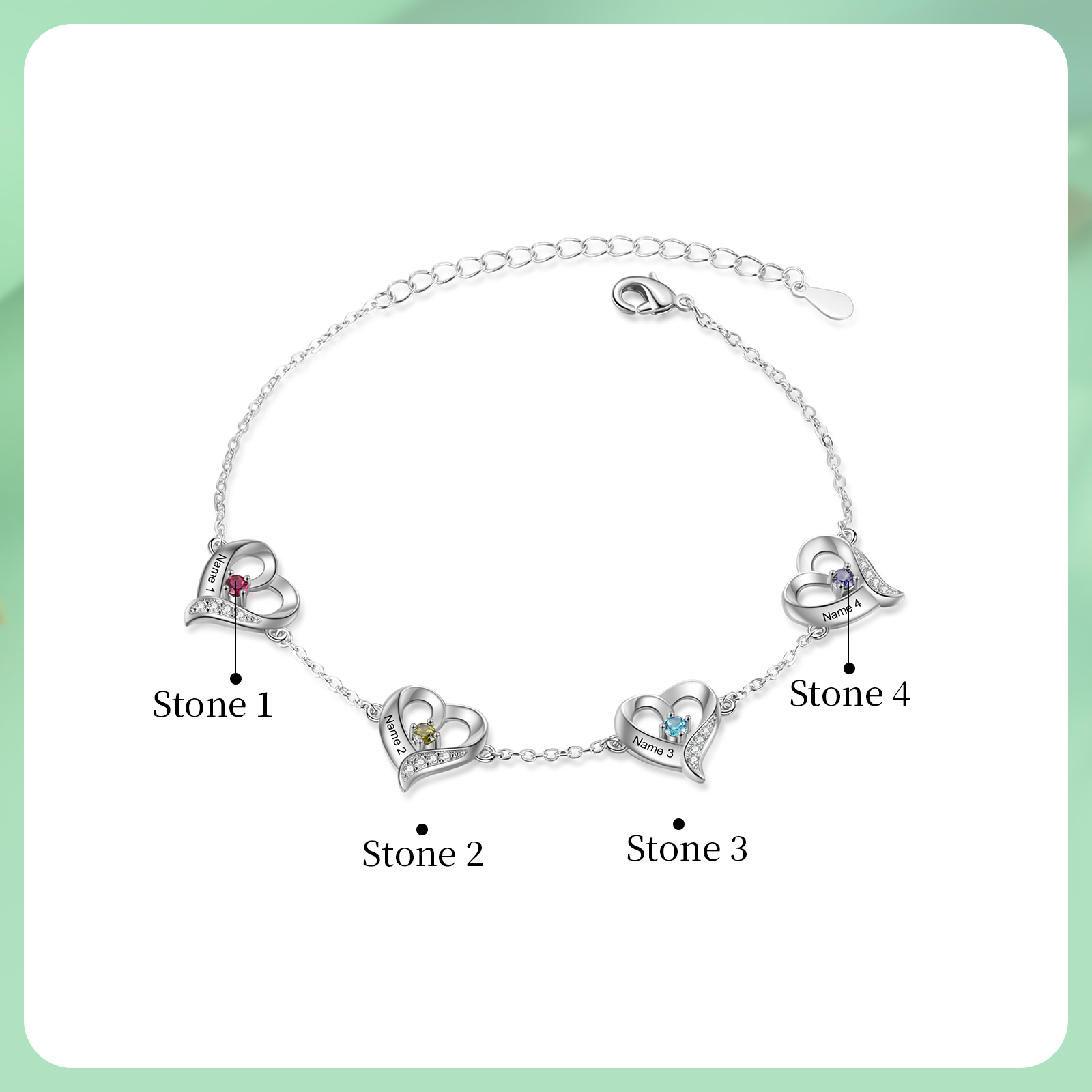 4 names & Birthstones - Personalized Heart Anklet – Custom Birthstone & Name, Unique Gift for Her