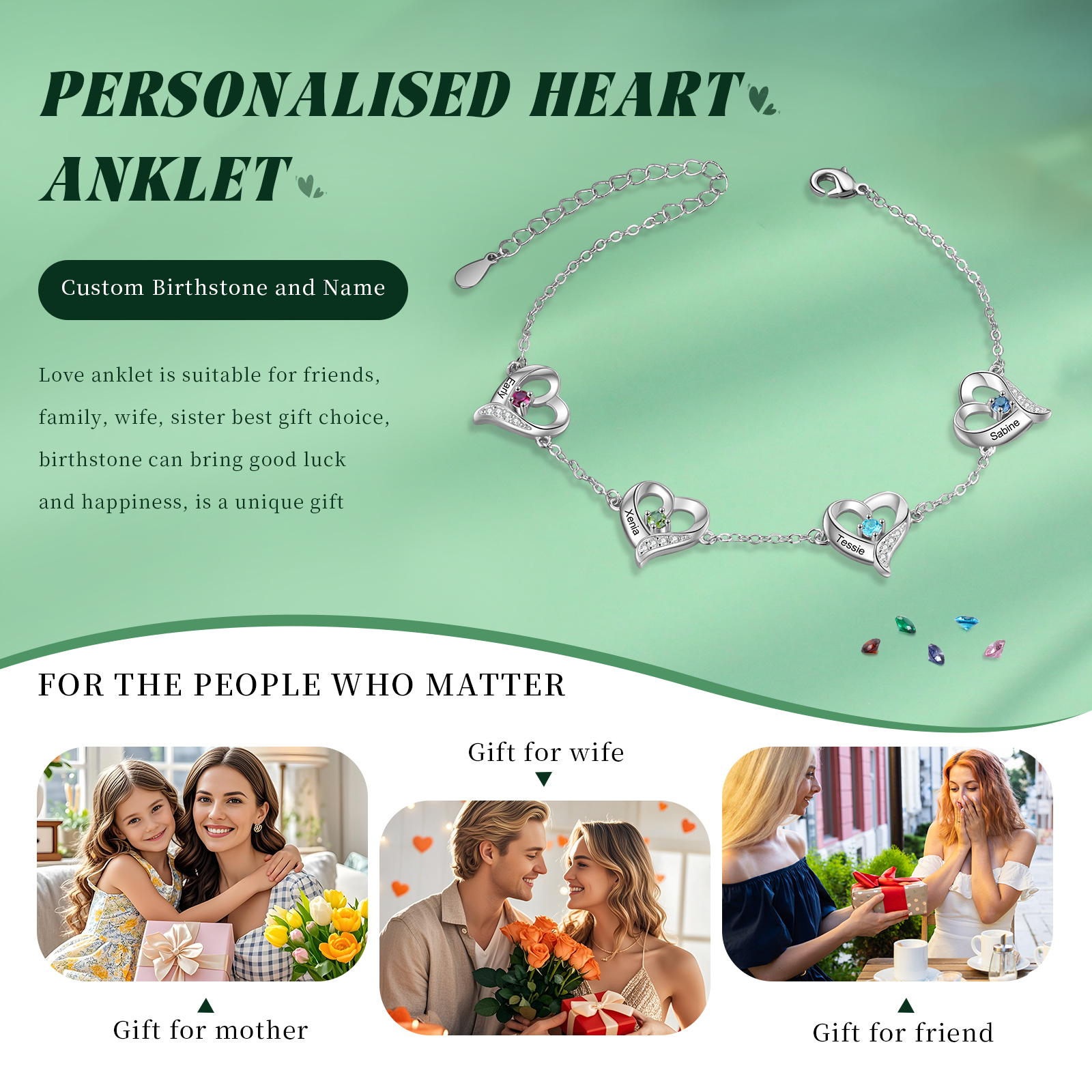 4 names & Birthstones - Personalized Heart Anklet – Custom Birthstone & Name, Unique Gift for Her