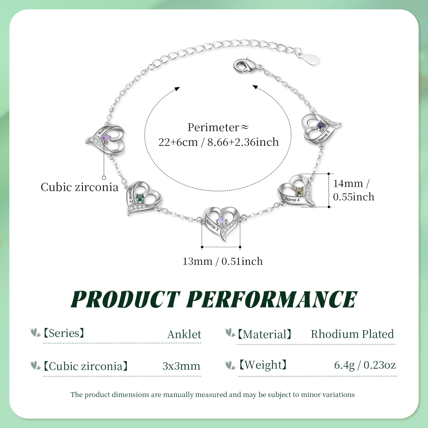 5 names & Birthstones - Personalized Heart Anklet – Custom Birthstone & Name, Unique Gift for Her