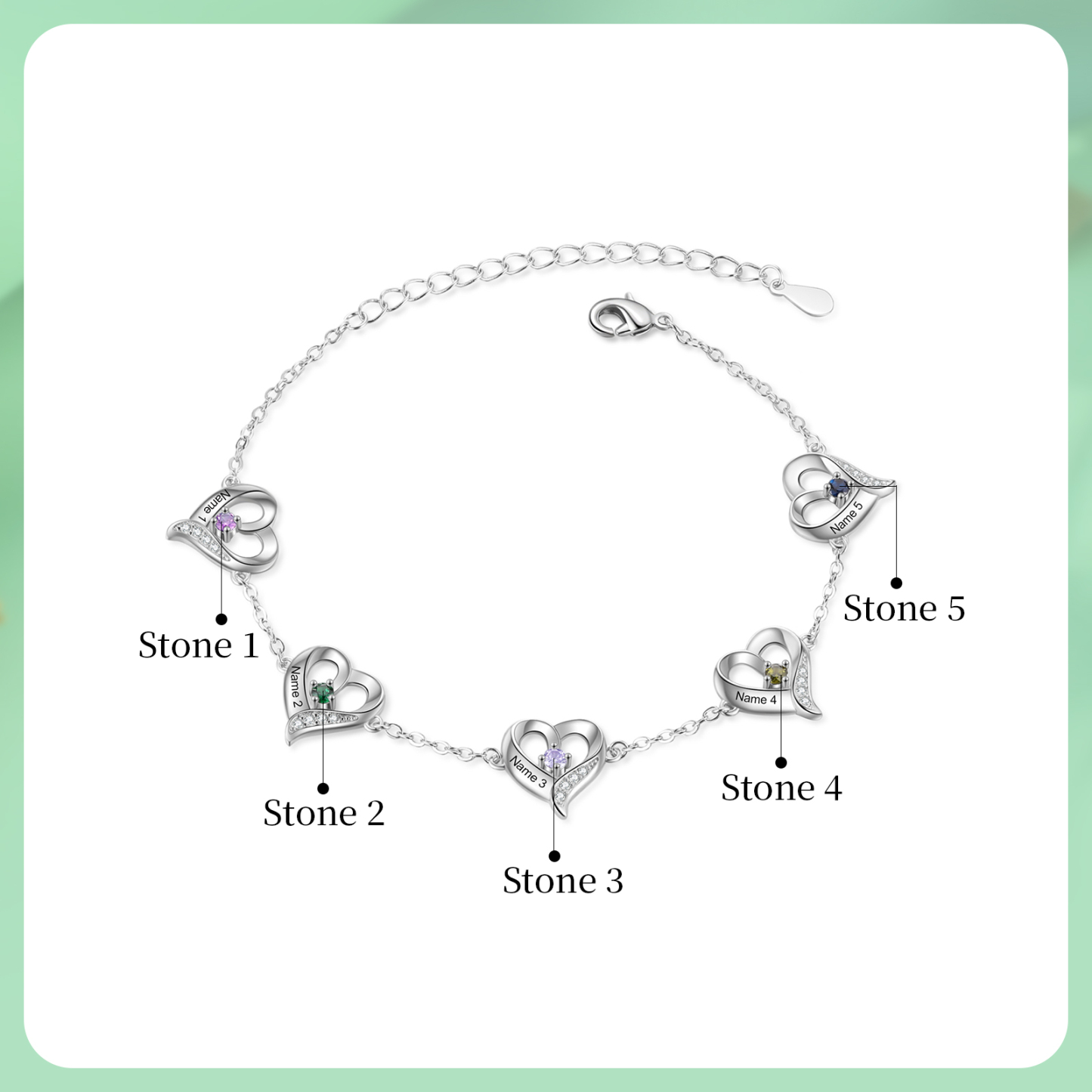 5 names & Birthstones - Personalized Heart Anklet – Custom Birthstone & Name, Unique Gift for Her