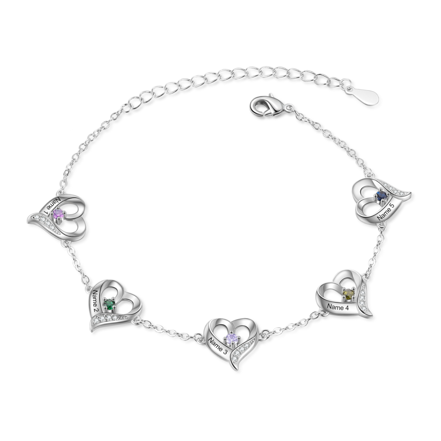 5 names & Birthstones - Personalized Heart Anklet – Custom Birthstone & Name, Unique Gift for Her