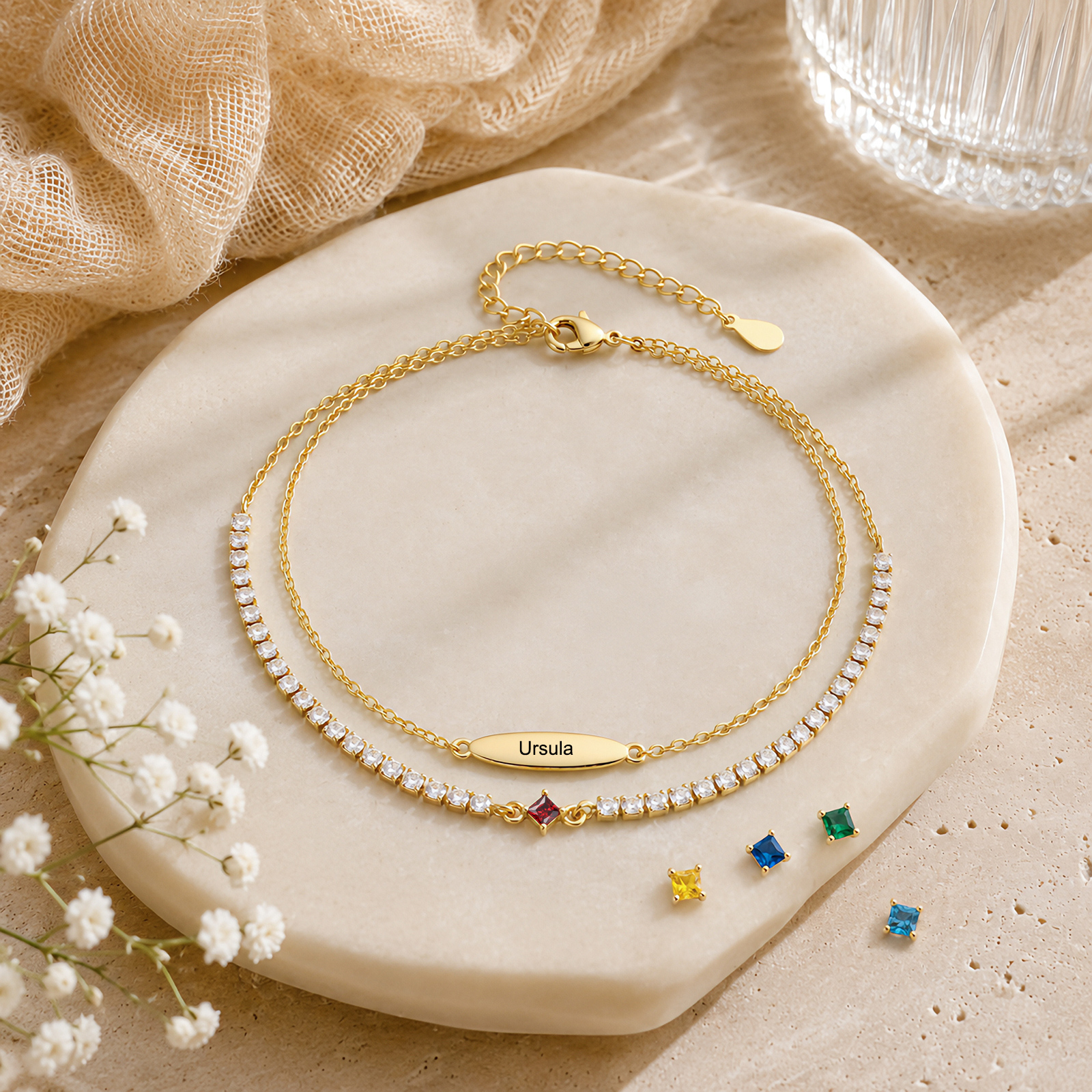 Personalized Anklet Bracelet with 1-5 Names and Birthstones Multi-Row Gold Jewelry