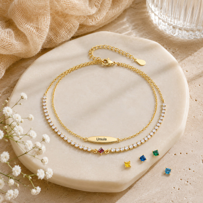Personalized Anklet Bracelet with 1-5 Names and Birthstones Multi-Row Gold Jewelry