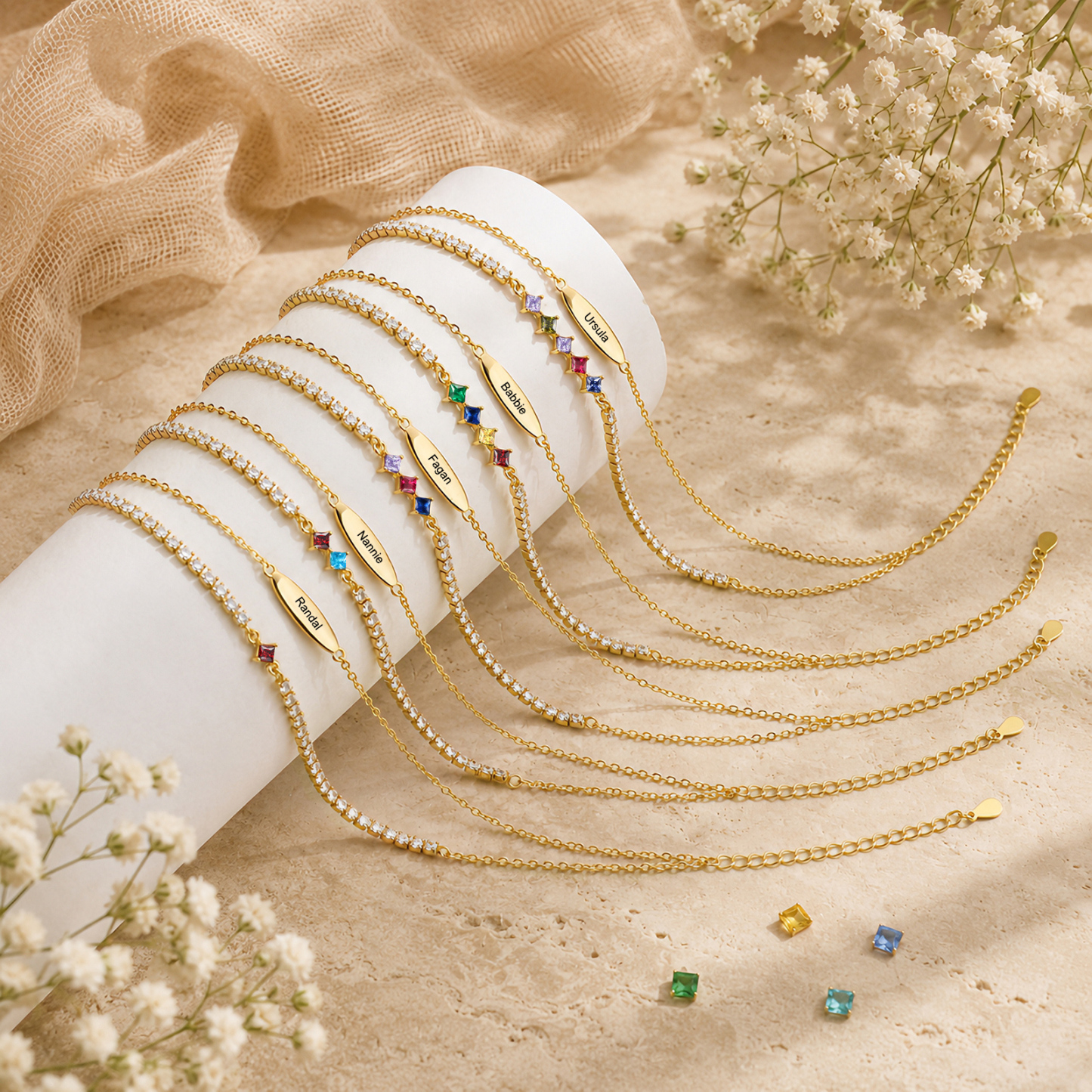 Personalized Anklet Bracelet with 1-5 Names and Birthstones Multi-Row Gold Jewelry