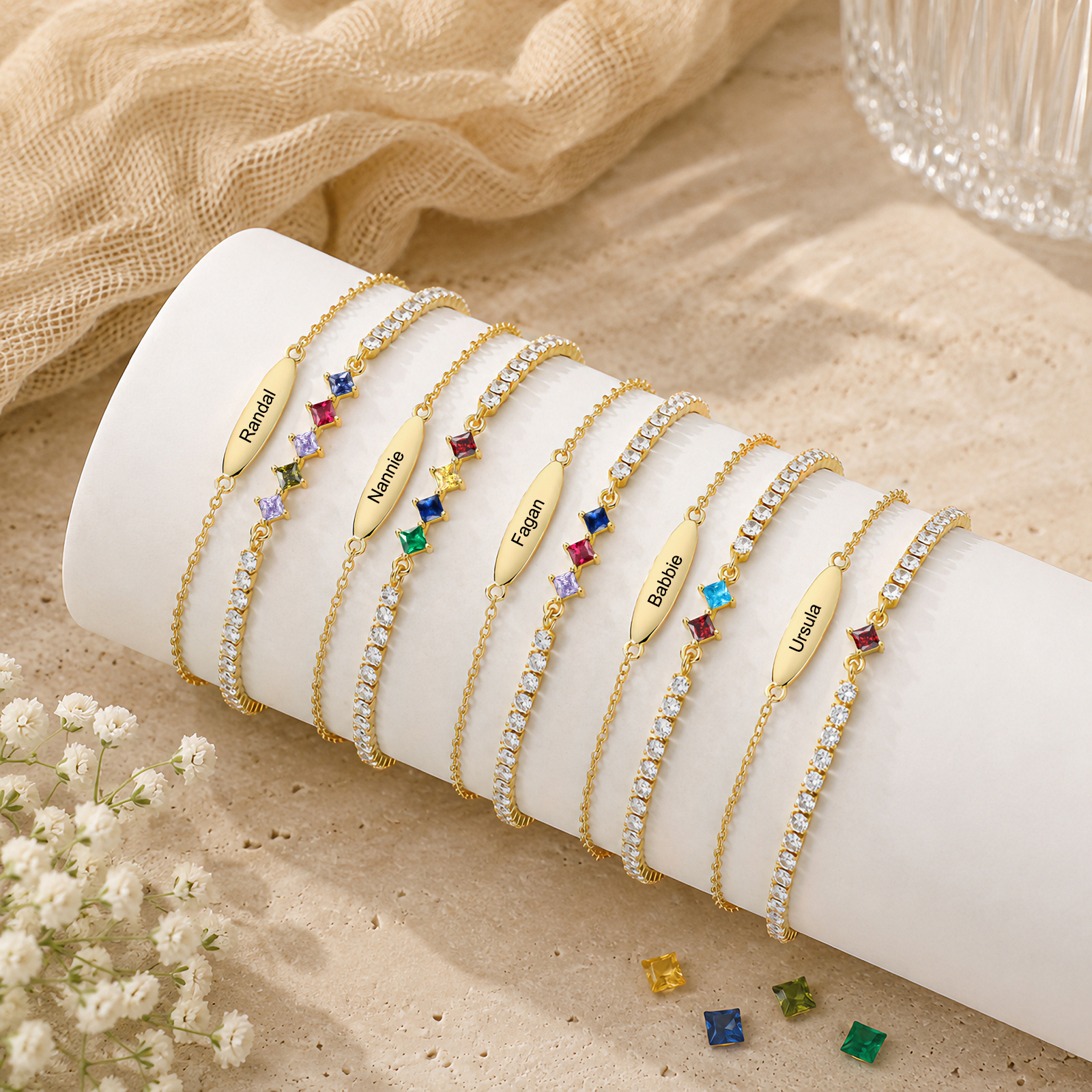 Personalized Anklet Bracelet with 1-5 Names and Birthstones Multi-Row Gold Jewelry