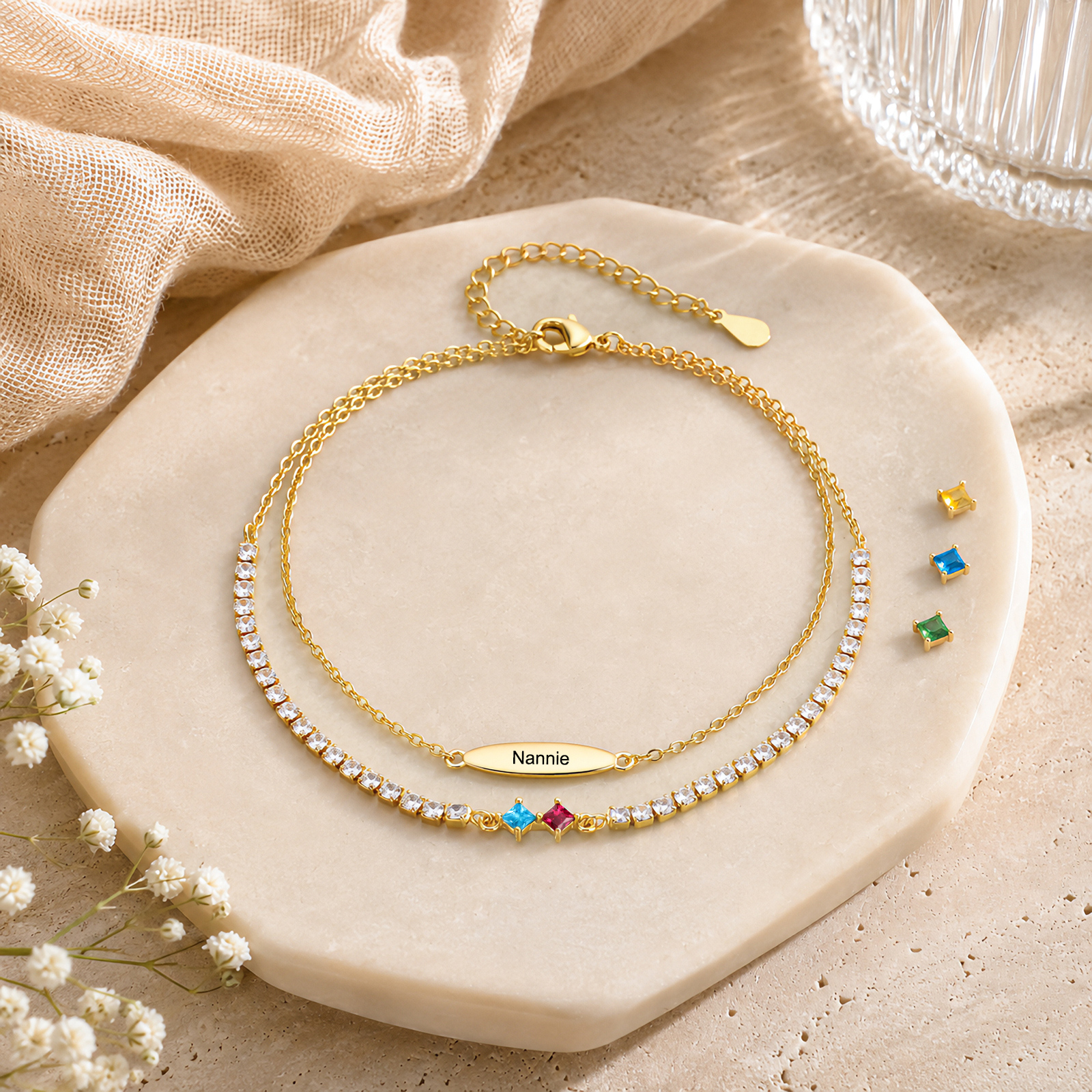 Personalized Anklet Bracelet with 1-5 Names and Birthstones Multi-Row Gold Jewelry