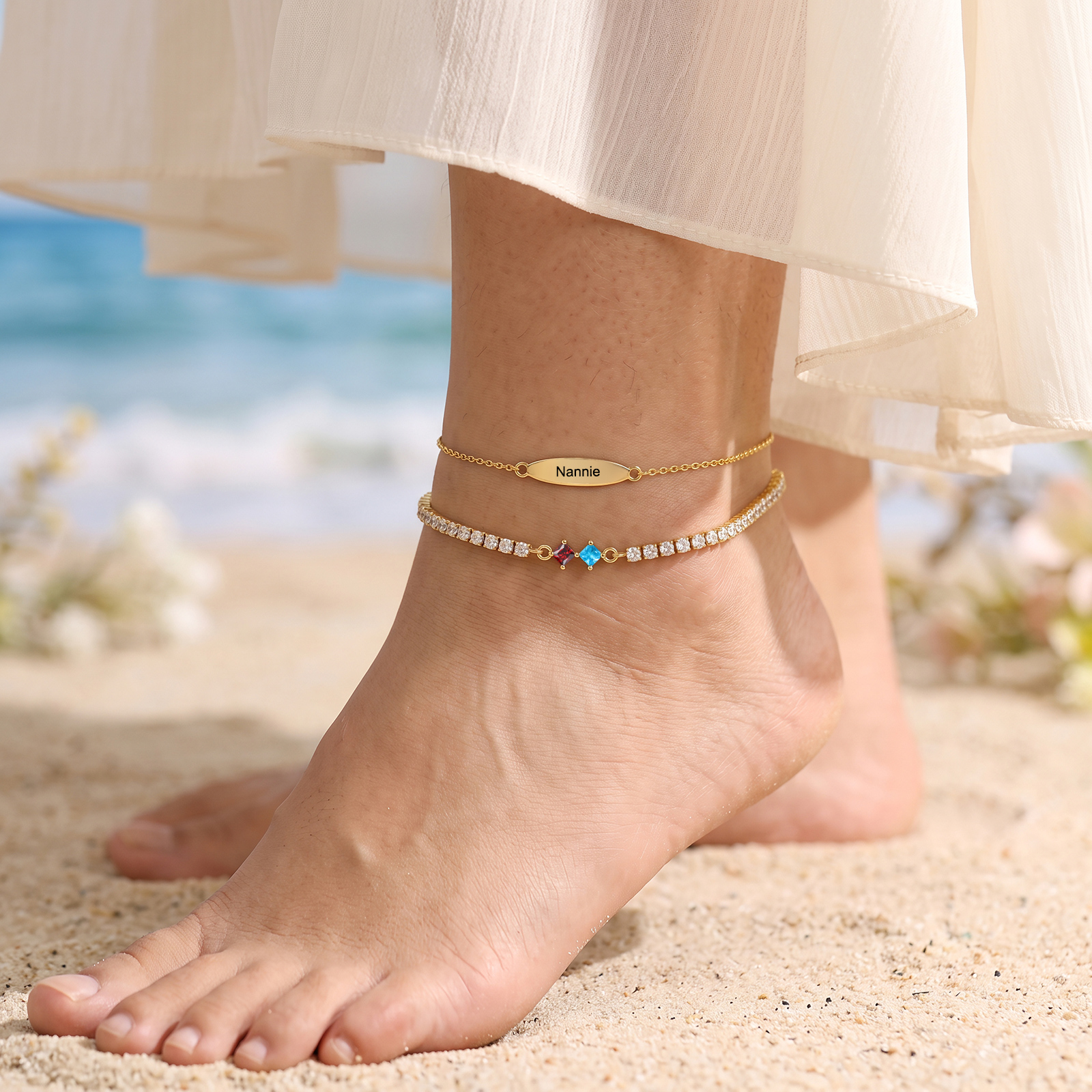 Personalized Anklet Bracelet with 1-5 Names and Birthstones Multi-Row Gold Jewelry