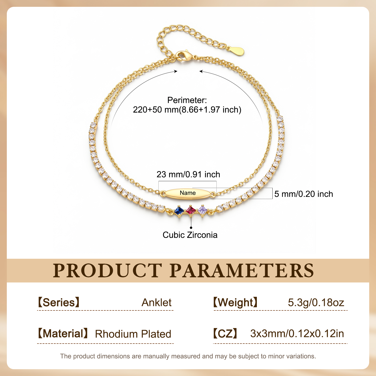 Personalized Anklet Bracelet with 1-5 Names and Birthstones Multi-Row Gold Jewelry