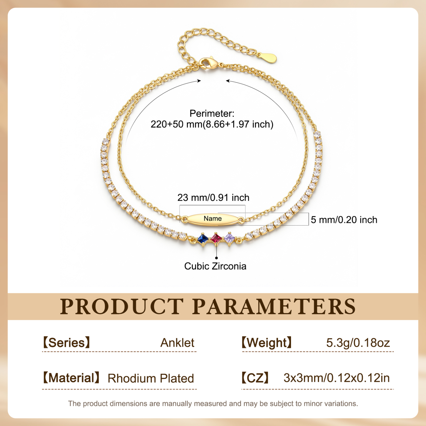 Personalized Anklet Bracelet with 1-5 Names and Birthstones Multi-Row Gold Jewelry