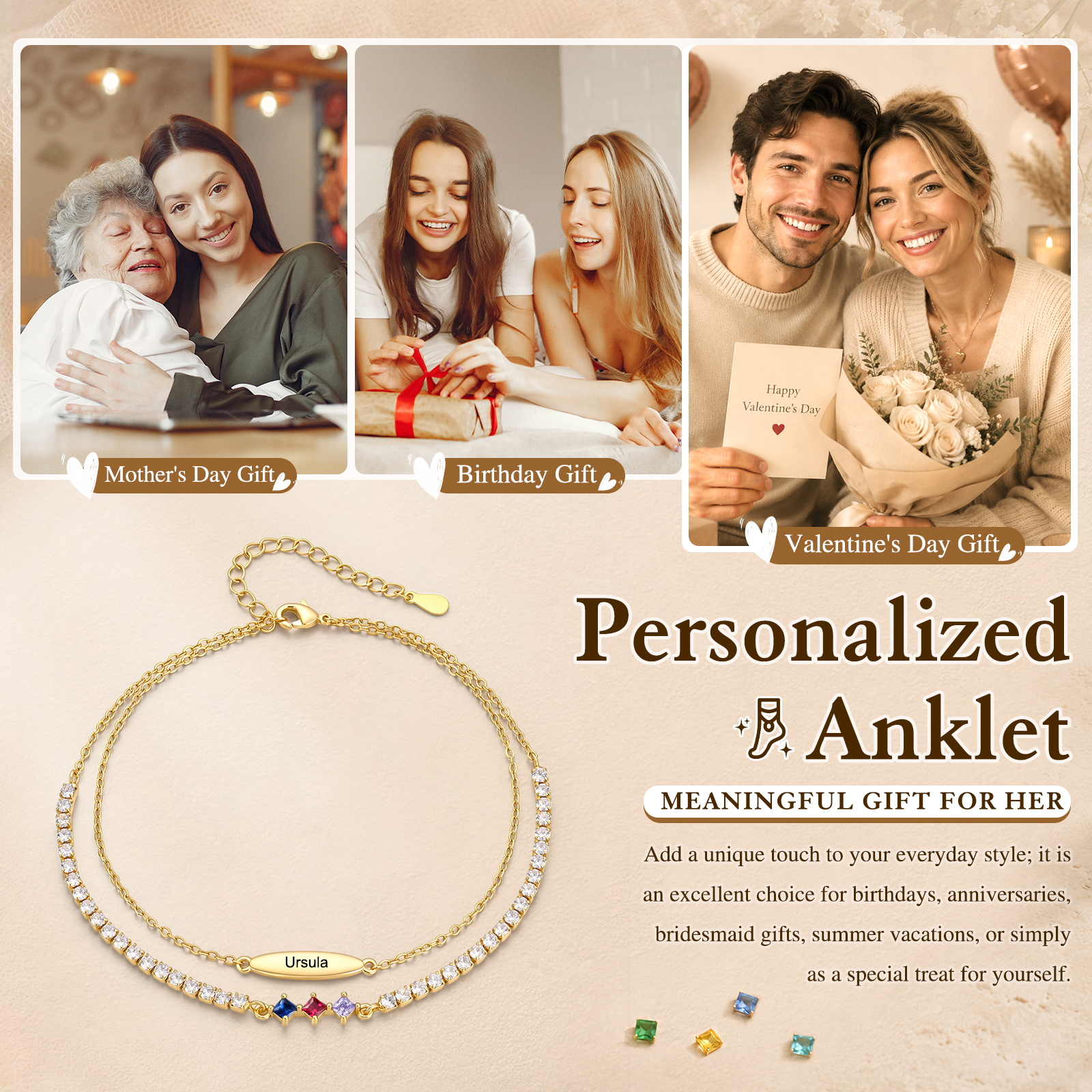 Personalized Anklet Bracelet with 1-5 Names and Birthstones Multi-Row Gold Jewelry
