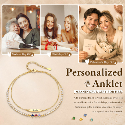 Personalized Anklet Bracelet with 1-5 Names and Birthstones Multi-Row Gold Jewelry