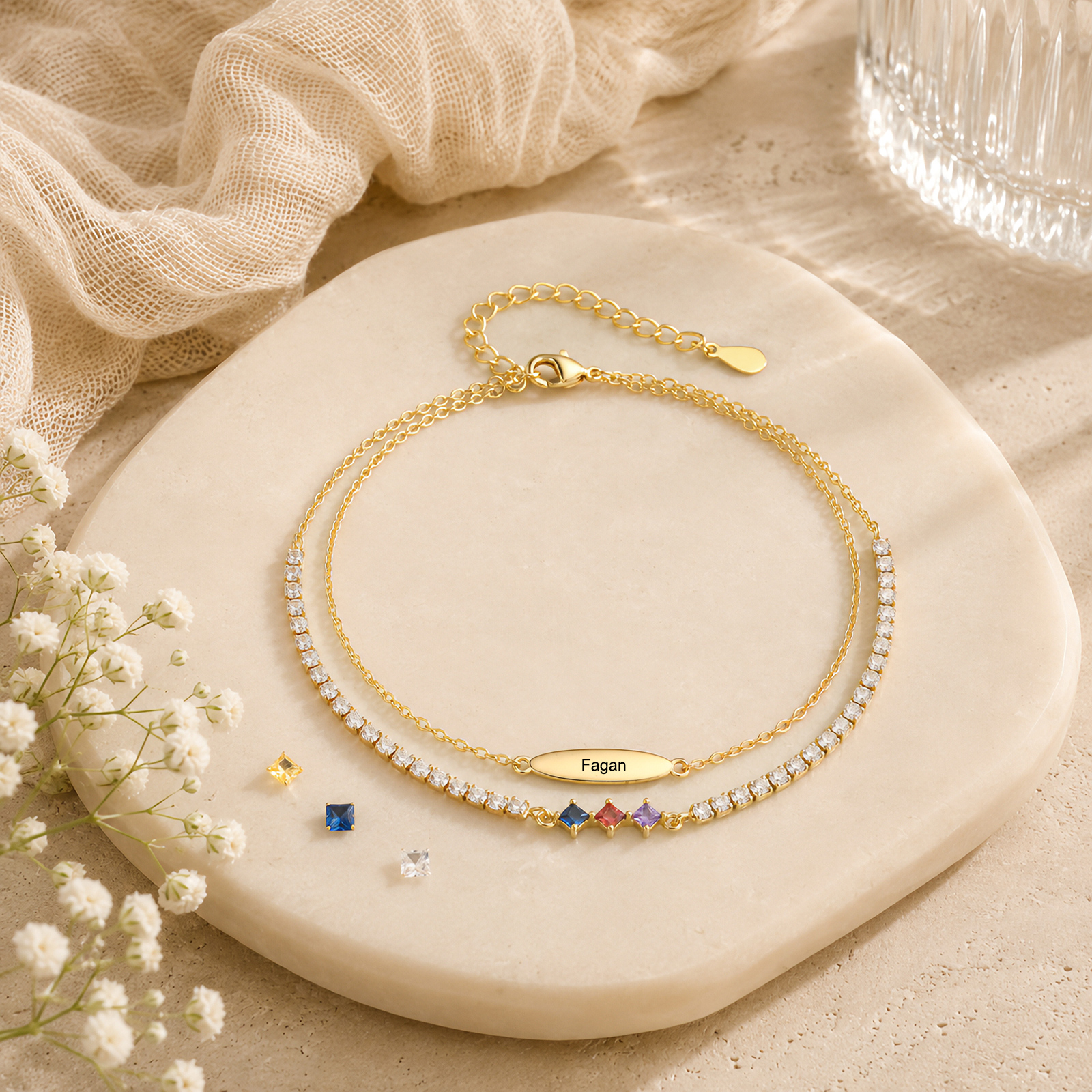 Personalized Anklet Bracelet with 1-5 Names and Birthstones Multi-Row Gold Jewelry