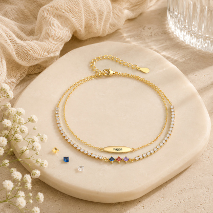Personalized Anklet Bracelet with 1-5 Names and Birthstones Multi-Row Gold Jewelry