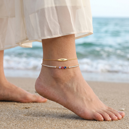 Personalized Anklet Bracelet with 1-5 Names and Birthstones Multi-Row Gold Jewelry