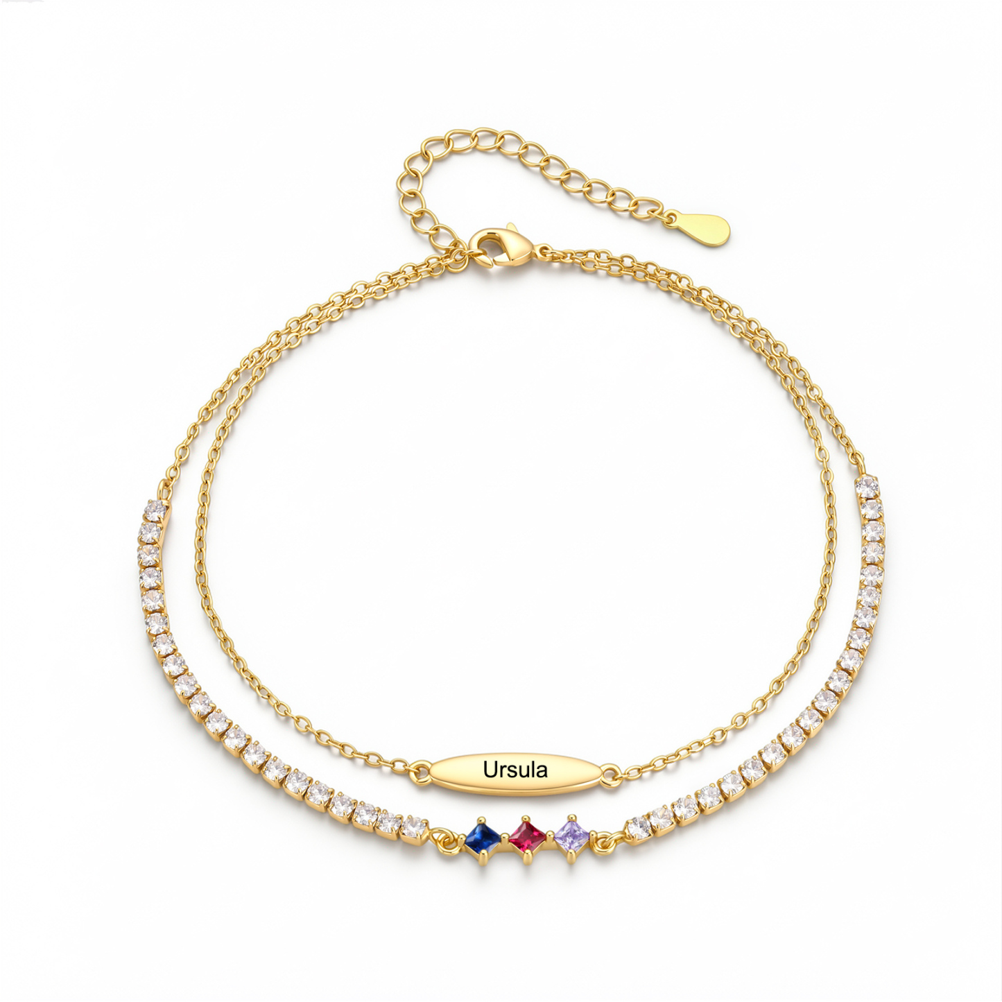 Personalized Anklet Bracelet with 1-5 Names and Birthstones Multi-Row Gold Jewelry