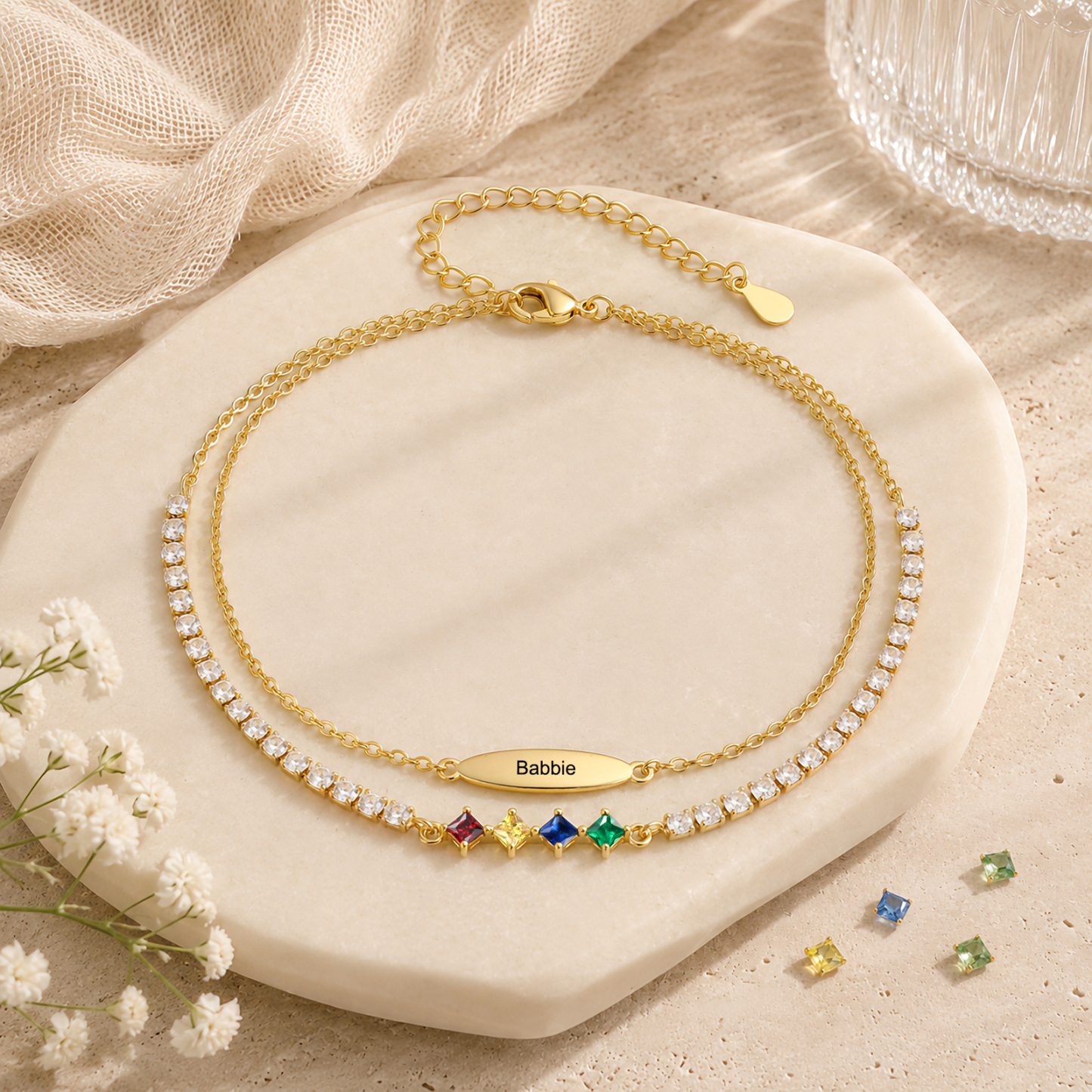 Personalized Anklet Bracelet with 1-5 Names and Birthstones Multi-Row Gold Jewelry