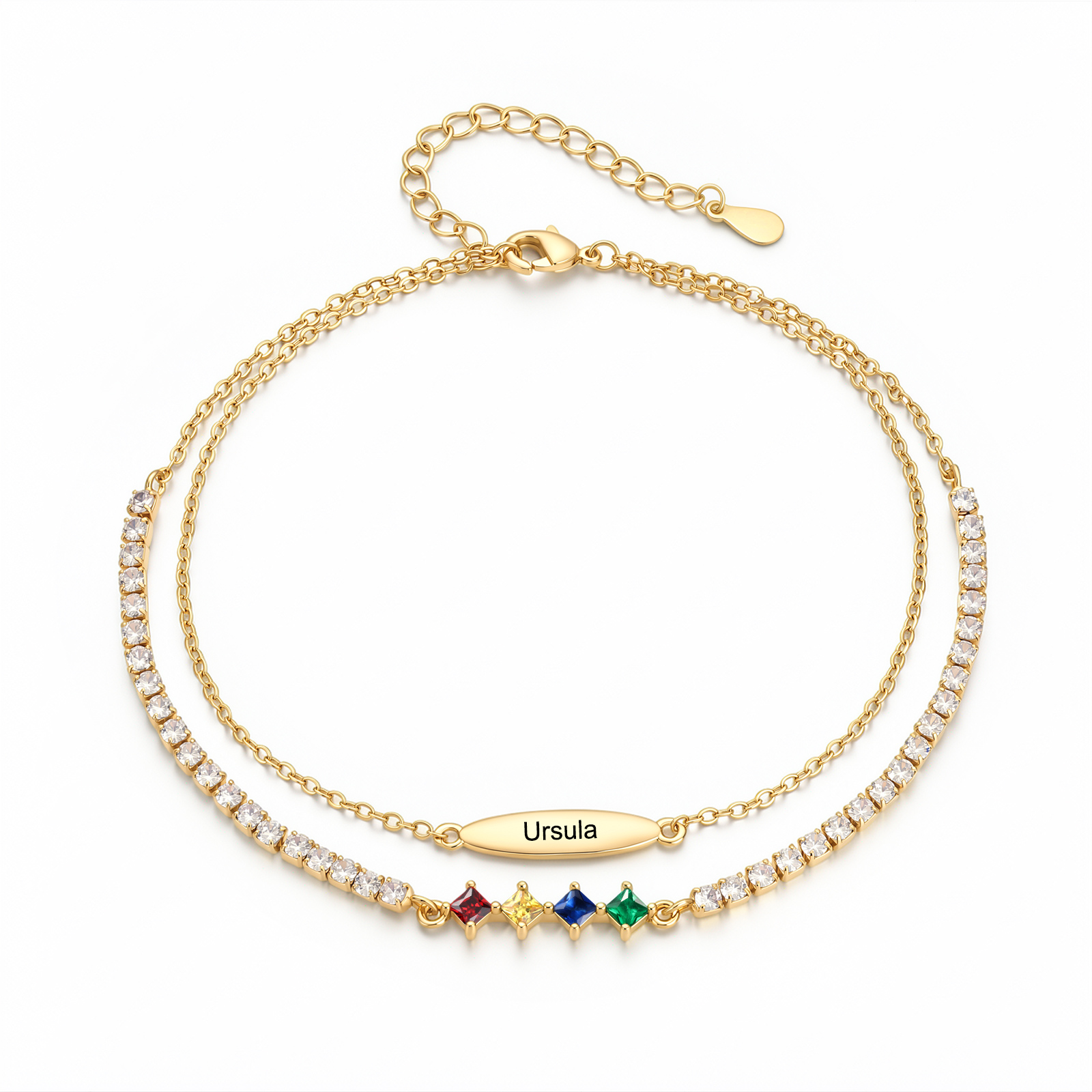 Personalized Anklet Bracelet with 1-5 Names and Birthstones Multi-Row Gold Jewelry