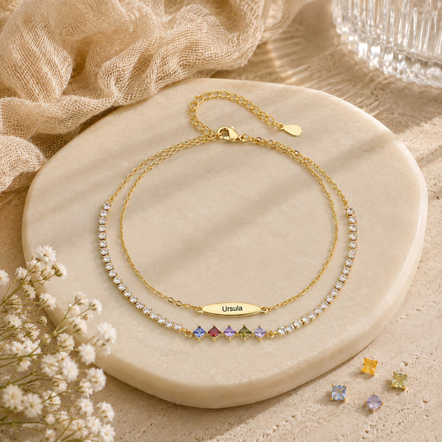 Personalized Anklet Bracelet with 1-5 Names and Birthstones Multi-Row Gold Jewelry