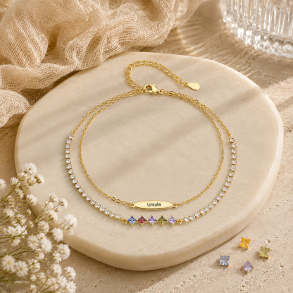 Personalized Anklet Bracelet with 1-5 Names and Birthstones Multi-Row Gold Jewelry