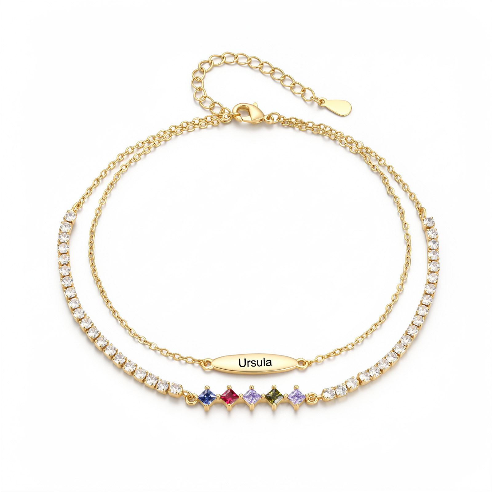 Personalized Anklet Bracelet with 1-5 Names and Birthstones Multi-Row Gold Jewelry