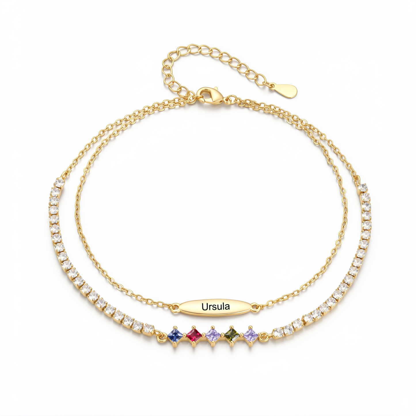 Personalized Anklet Bracelet with 1-5 Names and Birthstones Multi-Row Gold Jewelry