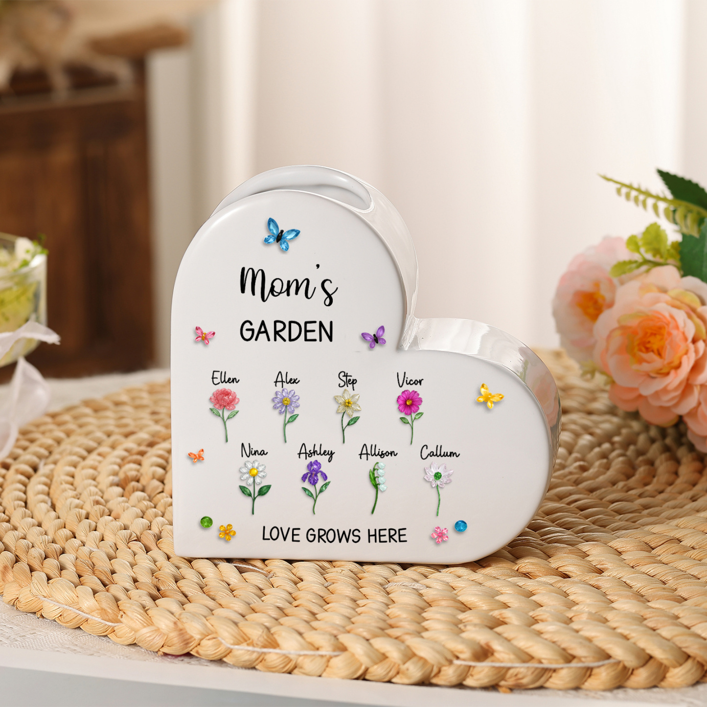 Personalized Heart-Shaped Ceramic Vase Mom’s Garden Custom with 1–10 Names and Birth Flowers, Mother’s Day or Birthday Gift for Mom | Jessemade